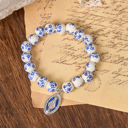 Blue & White Beaded Floral Bracelet with Miraculous Medal