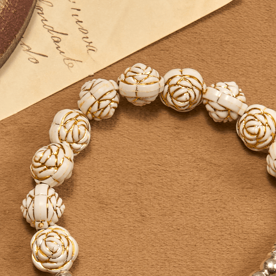 Artistically Sculpted 10mm White Rose Bead Rosary Bracelet with Crucifix