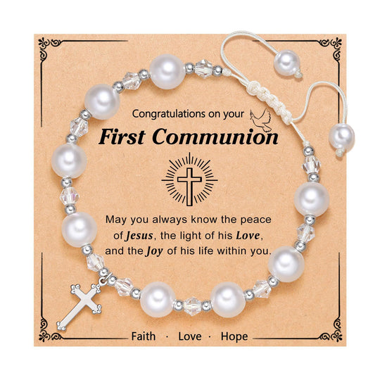 PRAYERFUL FAITH: First Communion Gift Bracelet with Cross and Blessing Card