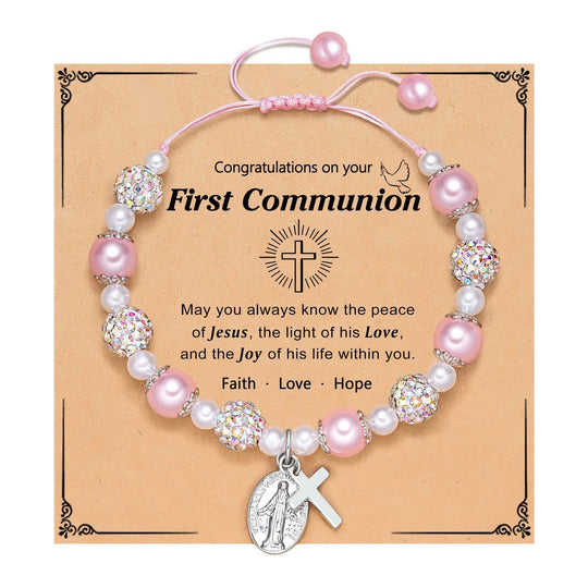PRAYERFUL FAITH: First Communion Gift Bracelet with Cross and Blessing Card