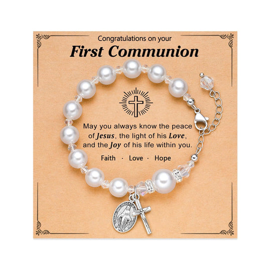 PRAYERFUL FAITH: First Communion Gift Bracelet with Cross and Blessing Card