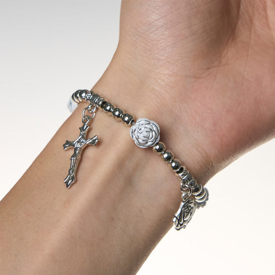 Delicate White Rose Devotional Beads Rosary and Bracelets with Virgin Mary