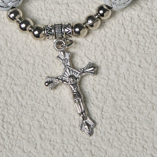 Delicate White Rose Devotional Beads Rosary and Bracelets with Virgin Mary