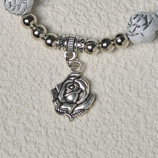 Delicate White Rose Devotional Beads Rosary and Bracelets with Virgin Mary