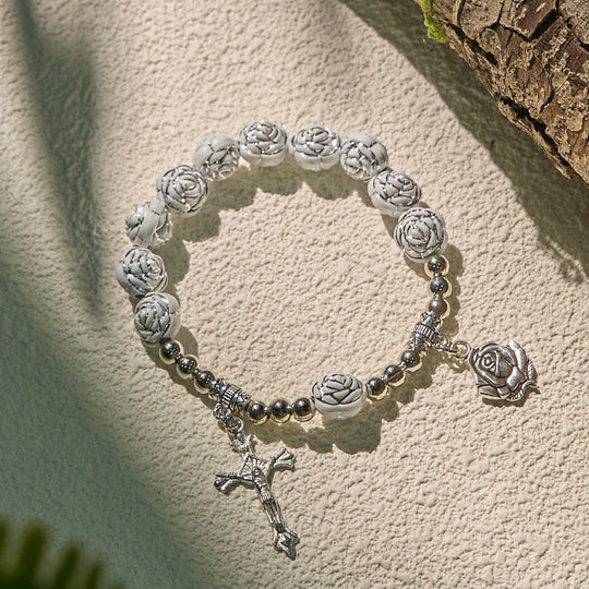 Delicate White Rose Devotional Beads Rosary and Bracelets with Virgin Mary