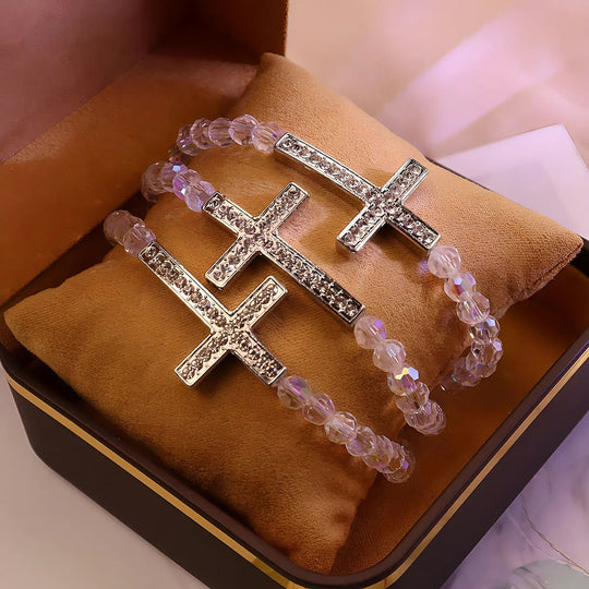 White & Peacock Blue Cross Bracelet: Belief Wrapped in Shimmer