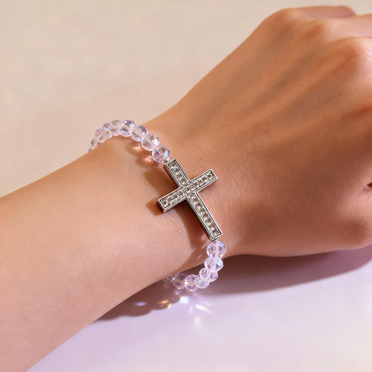 White & Peacock Blue Cross Bracelet: Belief Wrapped in Shimmer