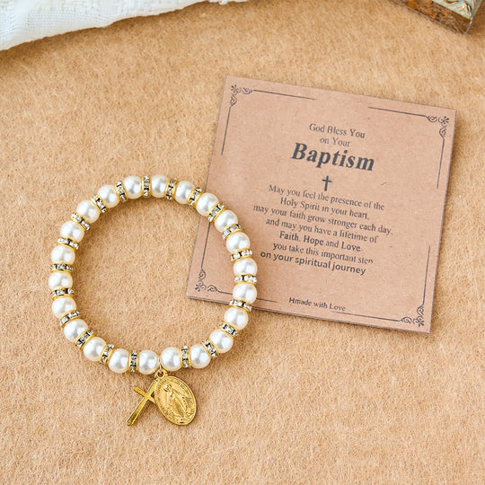 Modern Pearl Bracelet with Golden Miraculous Medal & Blessing Card: Opulent Communion