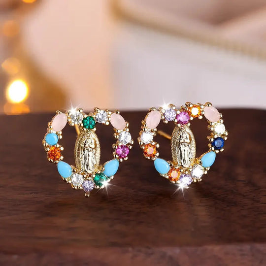Heart-Shaped Our Lady Stud Earrings: Colorful Zircon & Clear Sparkling Styles