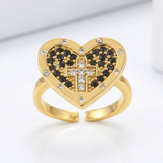 COLORFUL HEART & CROSS SILVER RING - (ADJUSTABLE)