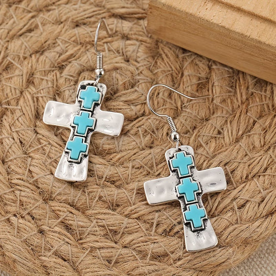 Textured Three-Cross Earrings with Stone Inlays: Symbol of Faith and Protection
