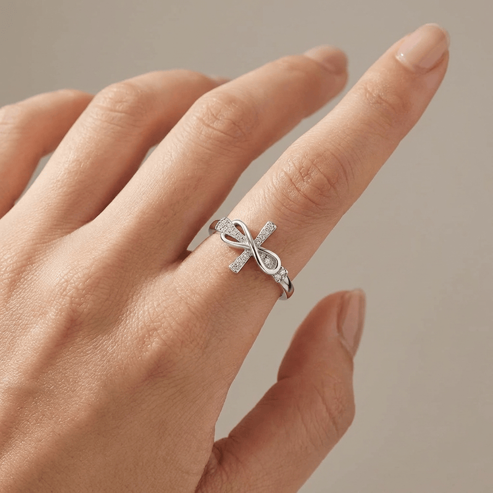 TIE & CROSS SILVER RING WITH ZIRCONS - (ADJUSTABLE)