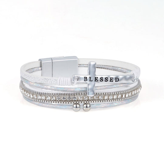 Multi-Layer BLESSED Cross Leather Bracelet with Zircon: A Symbol of Divine Grace & Spiritual Joy