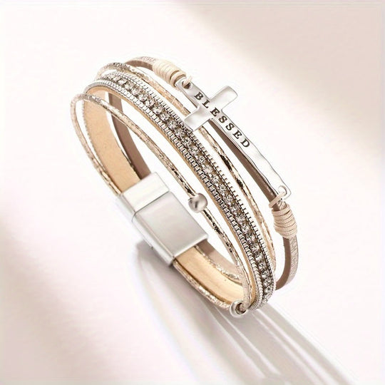 Multi-Layer BLESSED Cross Leather Bracelet with Zircon: A Symbol of Divine Grace & Spiritual Joy