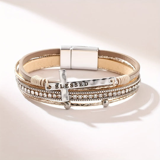 Multi-Layer BLESSED Cross Leather Bracelet with Zircon: A Symbol of Divine Grace & Spiritual Joy