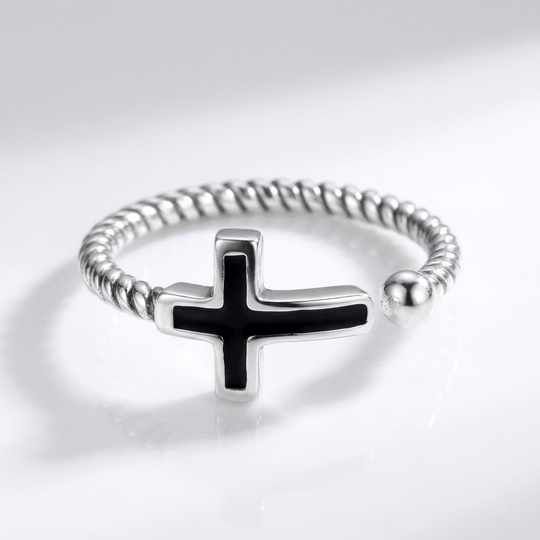 BLESSED BLACK CROSS RING - (ADJUSTABLE)