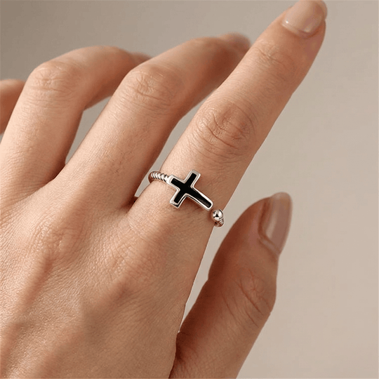 BLESSED BLACK CROSS RING - (ADJUSTABLE)