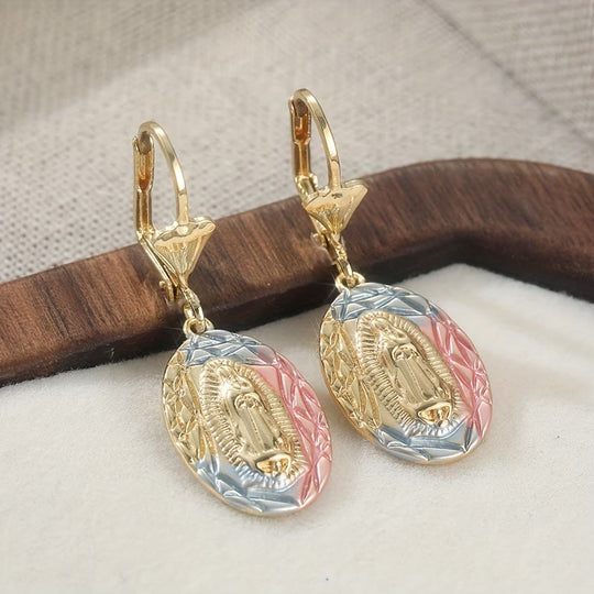 Ornate Our Lady Oval Drop Earrings: Embodying Maternal Grace & Divine Protection