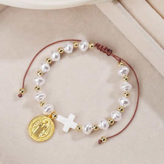 Elegant Saint Benedict Medal Adjustable Glass Bracelet: Spiritual Blessing Jewelry