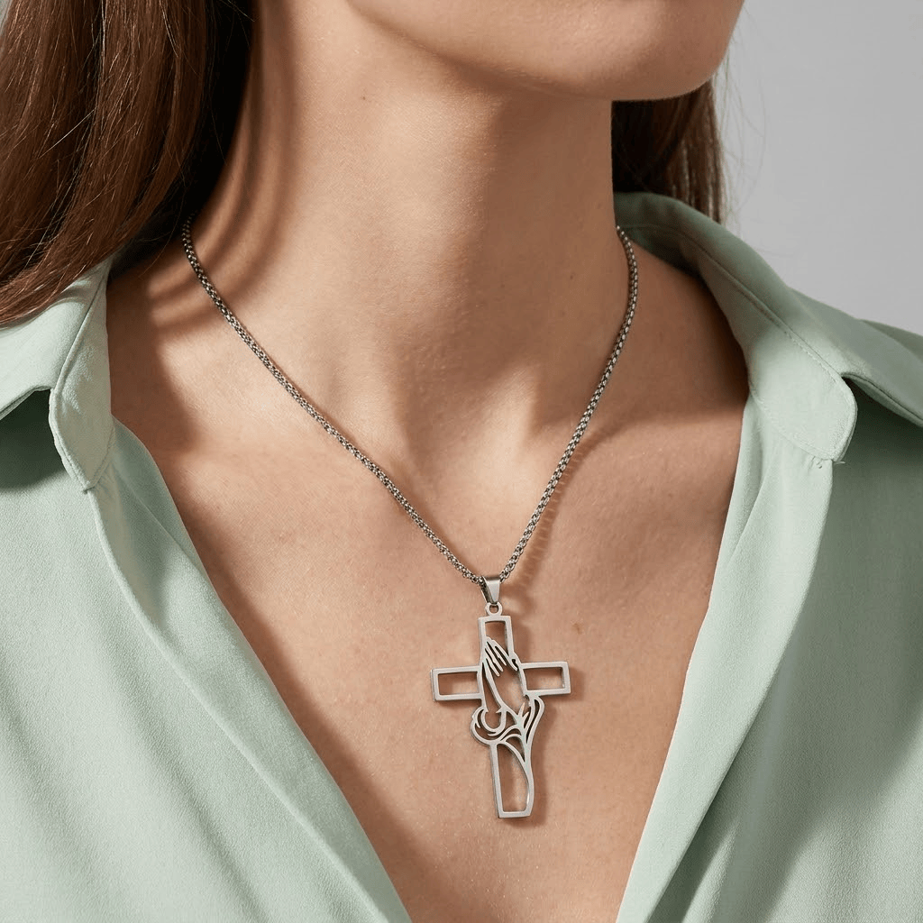PRAYING HANDS IN CROSS NECKLACE