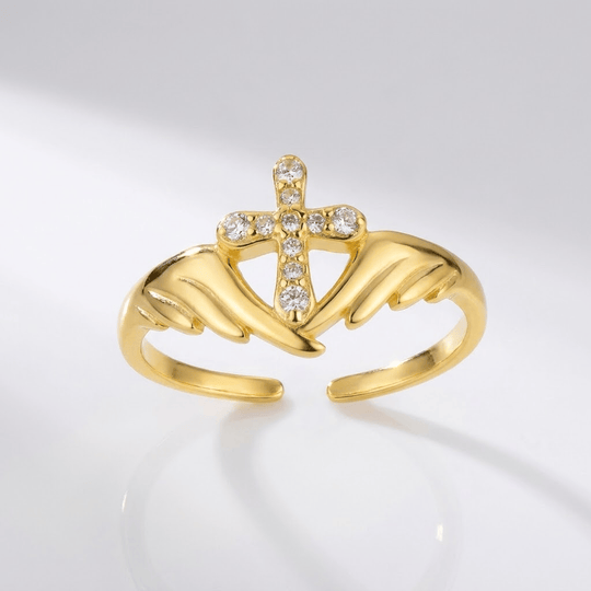 ANGEL WINGS WITH ZIRCON DIAMONDS CROSS RING - (ADJUSTABLE)