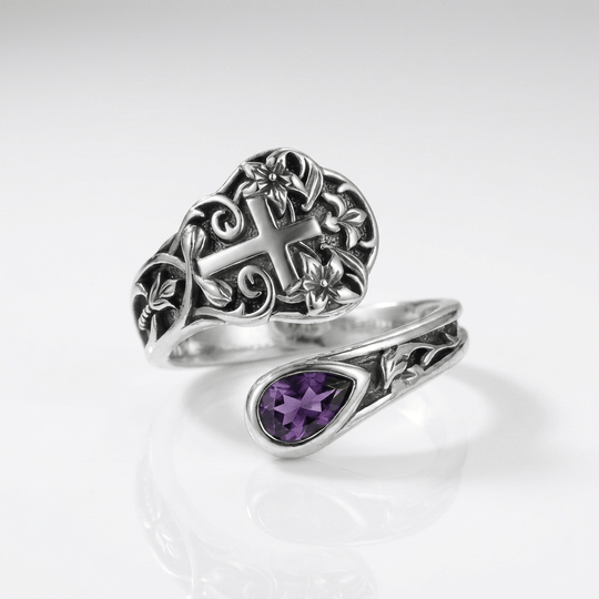 PURPLE GRACE CROSS FLORAL RING - (ADJUSTABLE)