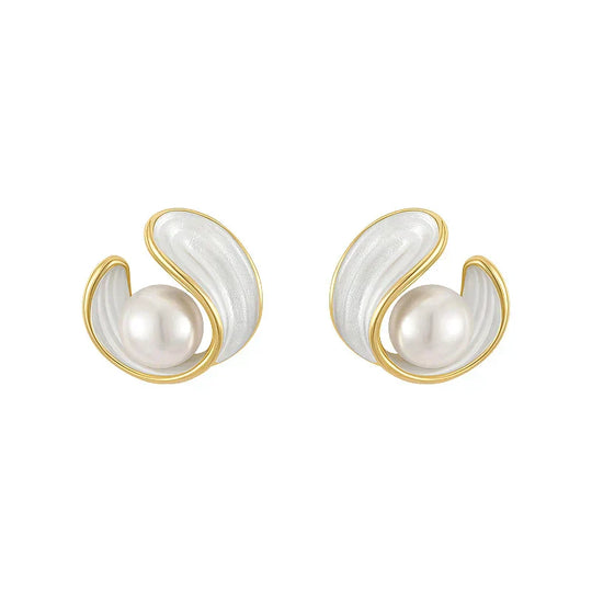 Gold Swirl Pearl Stud Earrings