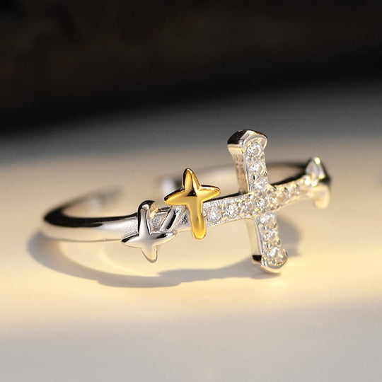 GOLD STAR CROSS RING - (ADJUSTABLE)