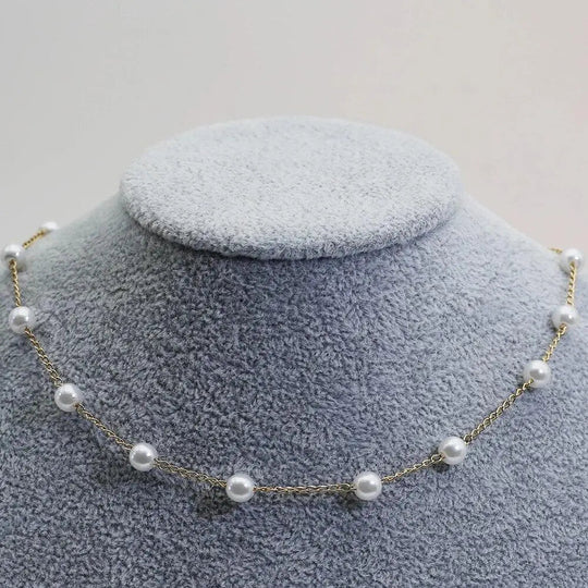 Gold Spaced Pearl Chain Necklace