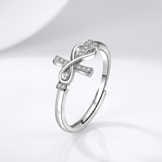 TIE & CROSS SILVER RING WITH ZIRCONS - (ADJUSTABLE)