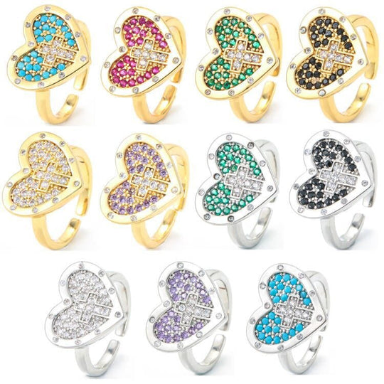 COLORFUL HEART & CROSS SILVER RING - (ADJUSTABLE)