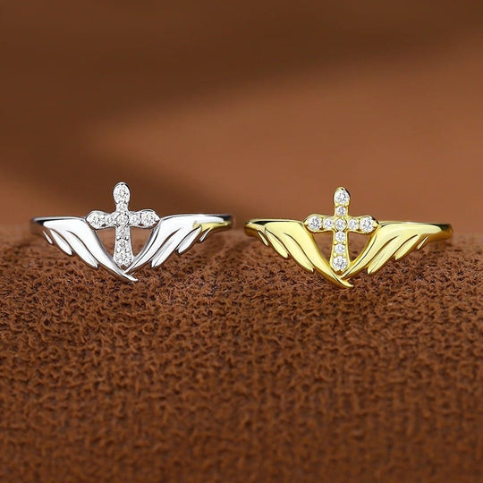 ANGEL WINGS WITH ZIRCON DIAMONDS CROSS RING - (ADJUSTABLE)