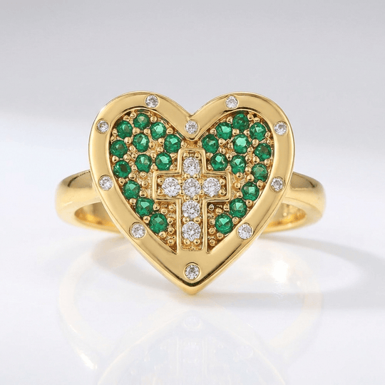 COLORFUL HEART & CROSS SILVER RING - (ADJUSTABLE)