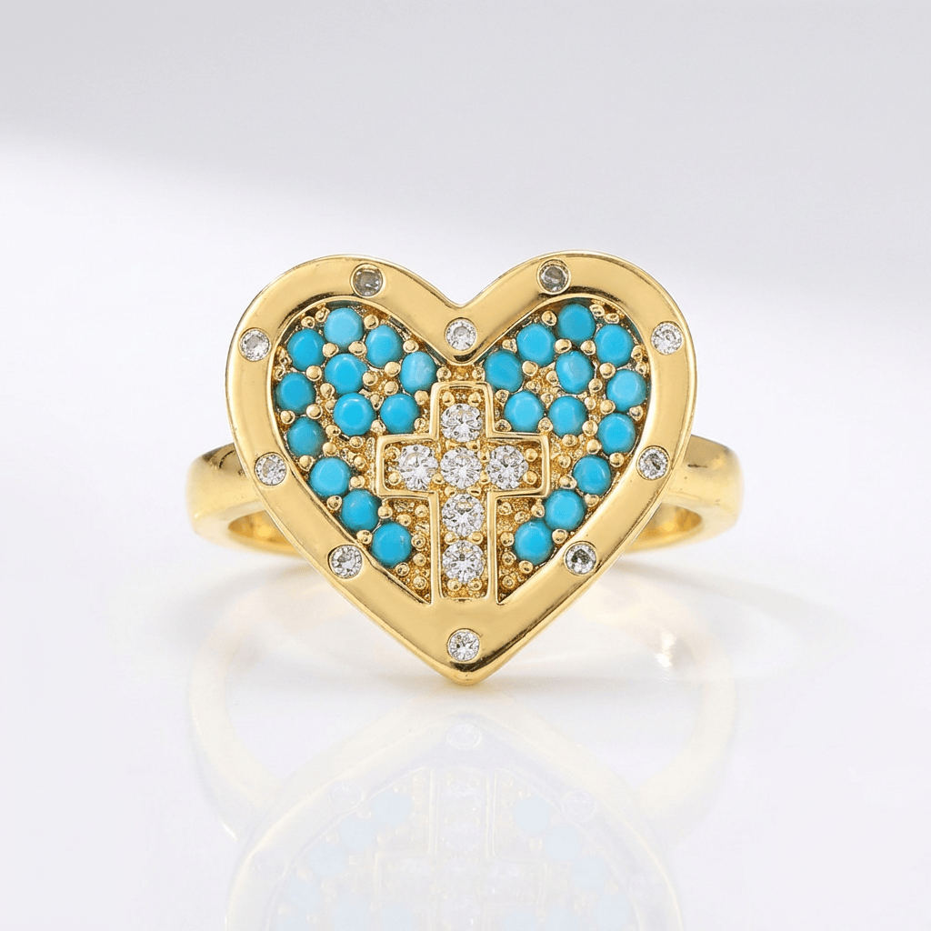 COLORFUL HEART & CROSS SILVER RING - (ADJUSTABLE)