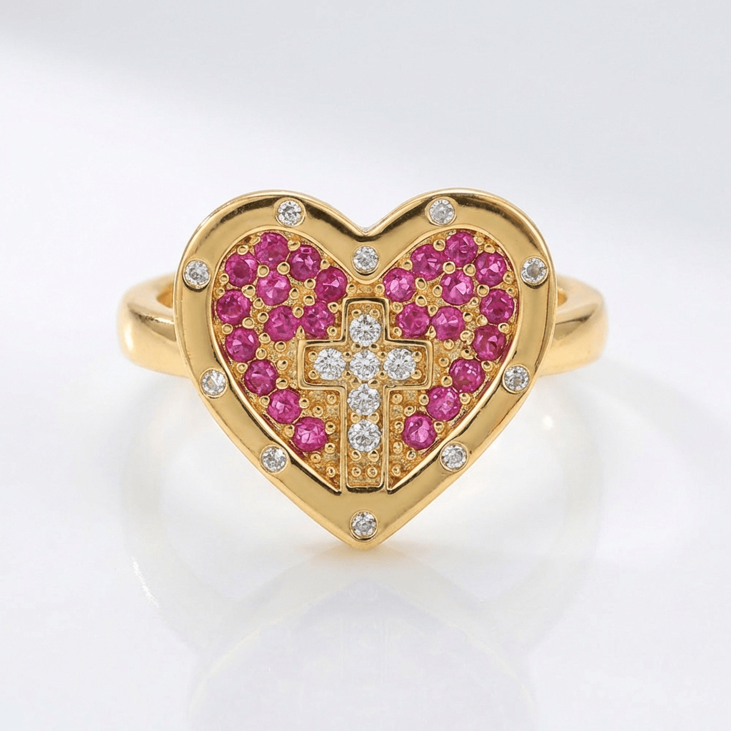 COLORFUL HEART & CROSS SILVER RING - (ADJUSTABLE)