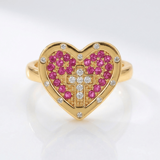 COLORFUL HEART & CROSS SILVER RING - (ADJUSTABLE)