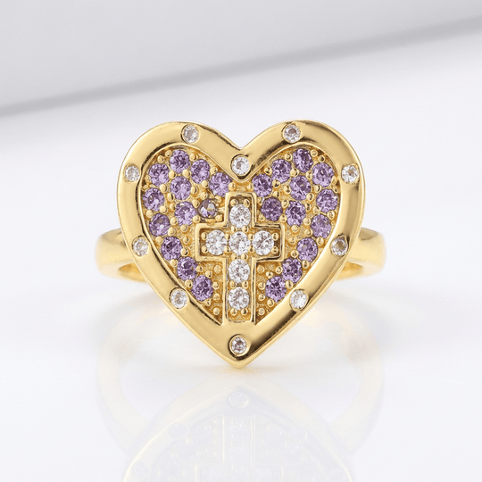 COLORFUL HEART & CROSS SILVER RING - (ADJUSTABLE)