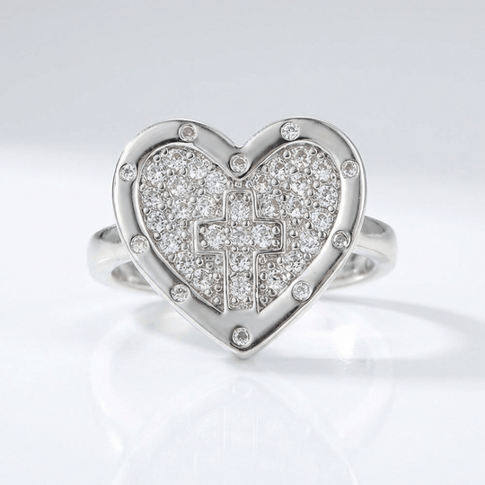 COLORFUL HEART & CROSS SILVER RING - (ADJUSTABLE)