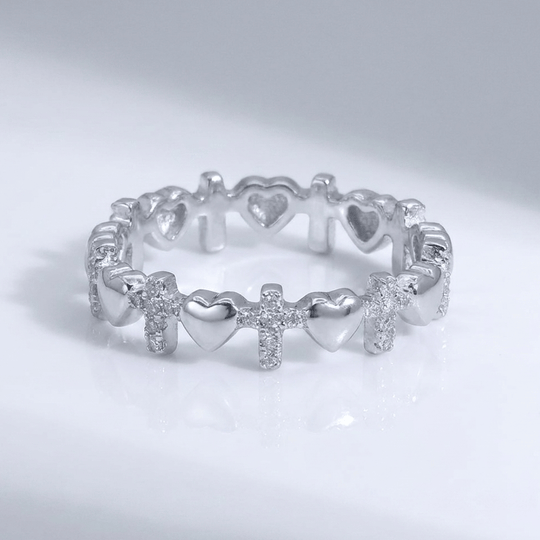 SILVER CROSS & HEARTS RING