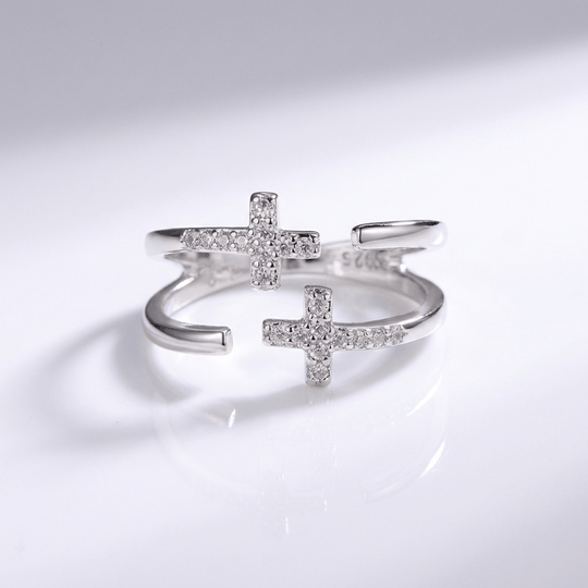 DOUBLE CROSS SILVER & DIAMOND RING - (ADJUSTABLE)